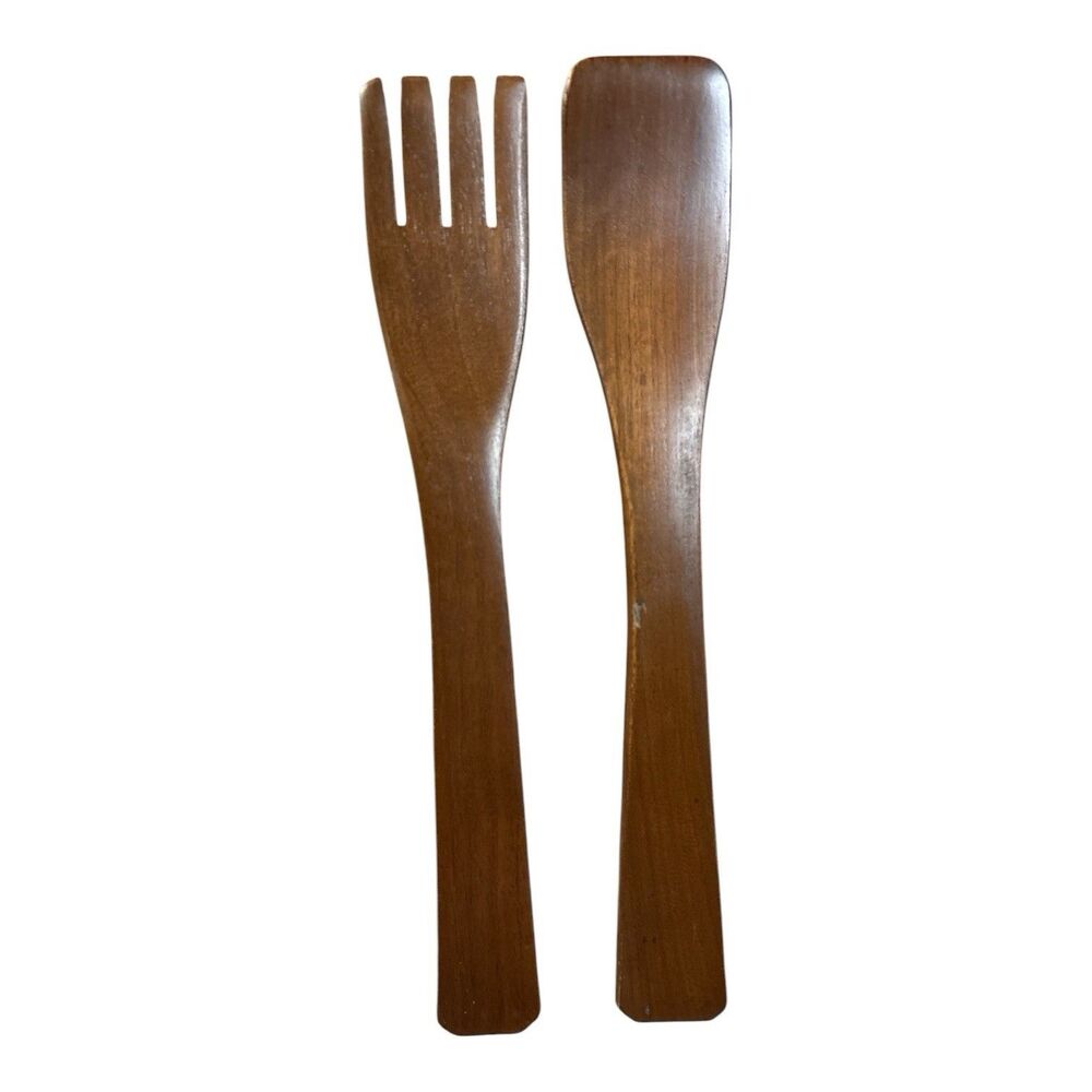 Vtg Mid Century Modern Wooden Salad Serving Utensils Fork & Paddle Spoon 12.5”